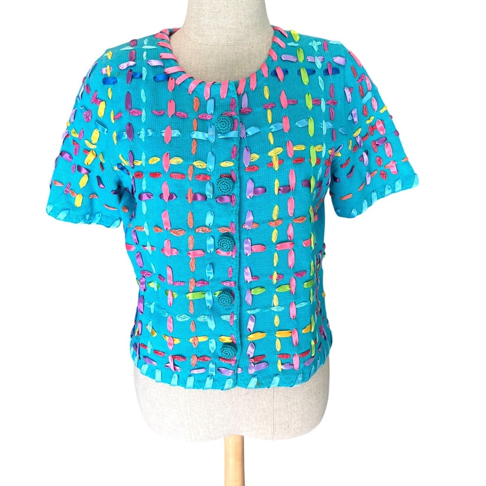 Michael Simon Cardigan Sweater M Turquoise Bright Ribbon Weave Short Sleeve Art